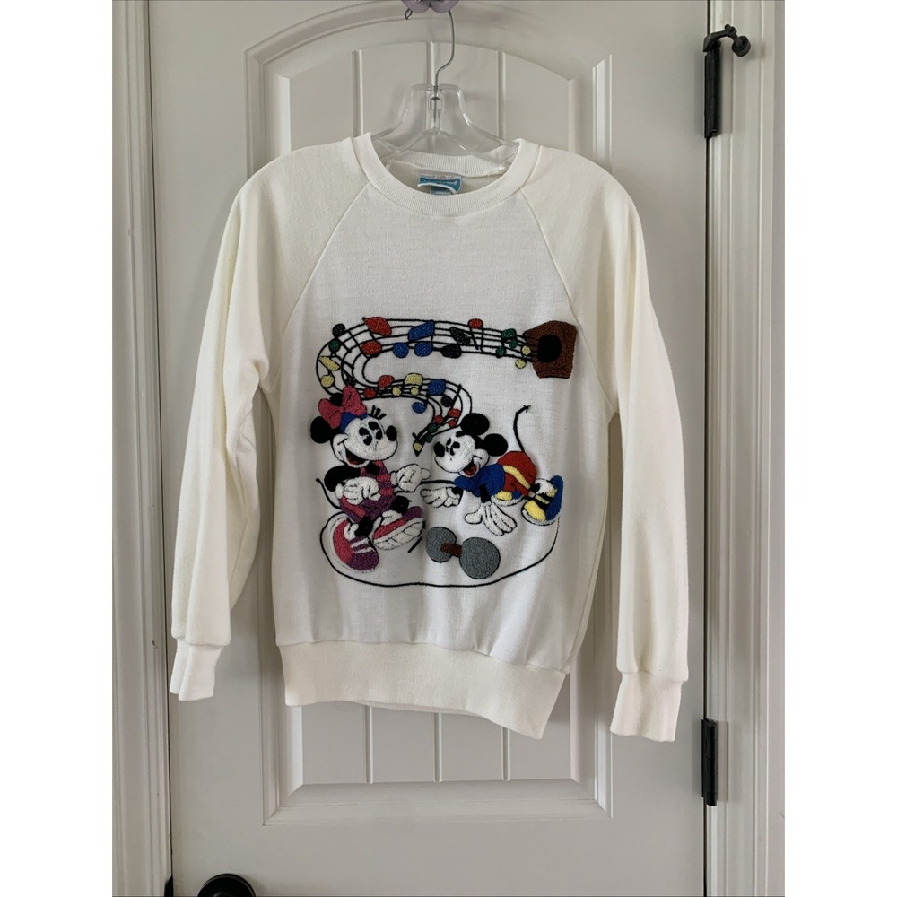 Vintage Sunday Walt Disney Mickey Minnie Mouse Chenille‎ Sweatshirt White S J366
